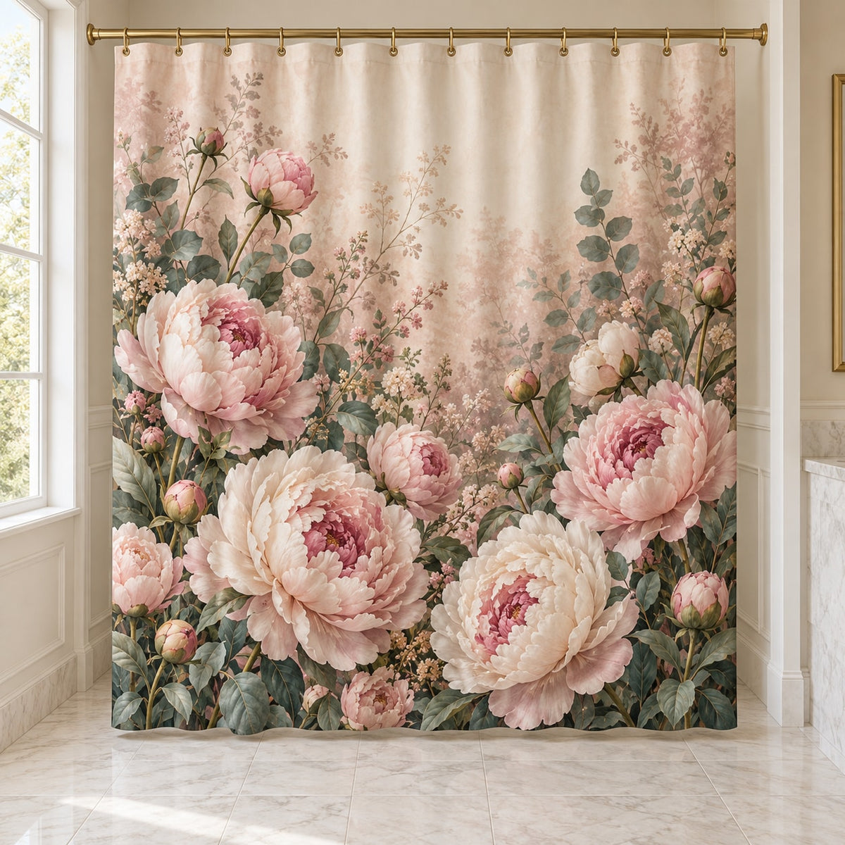 Peony Bouquet Shower Curtain with dimensional printed themed artwork; representative AI-generated mockup.