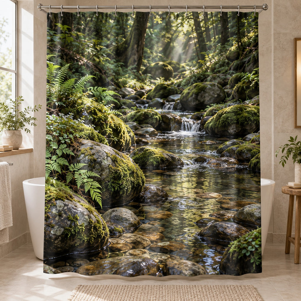 Moss and Stones Shower Curtain with dimensional printed themed artwork; representative AI-generated mockup.