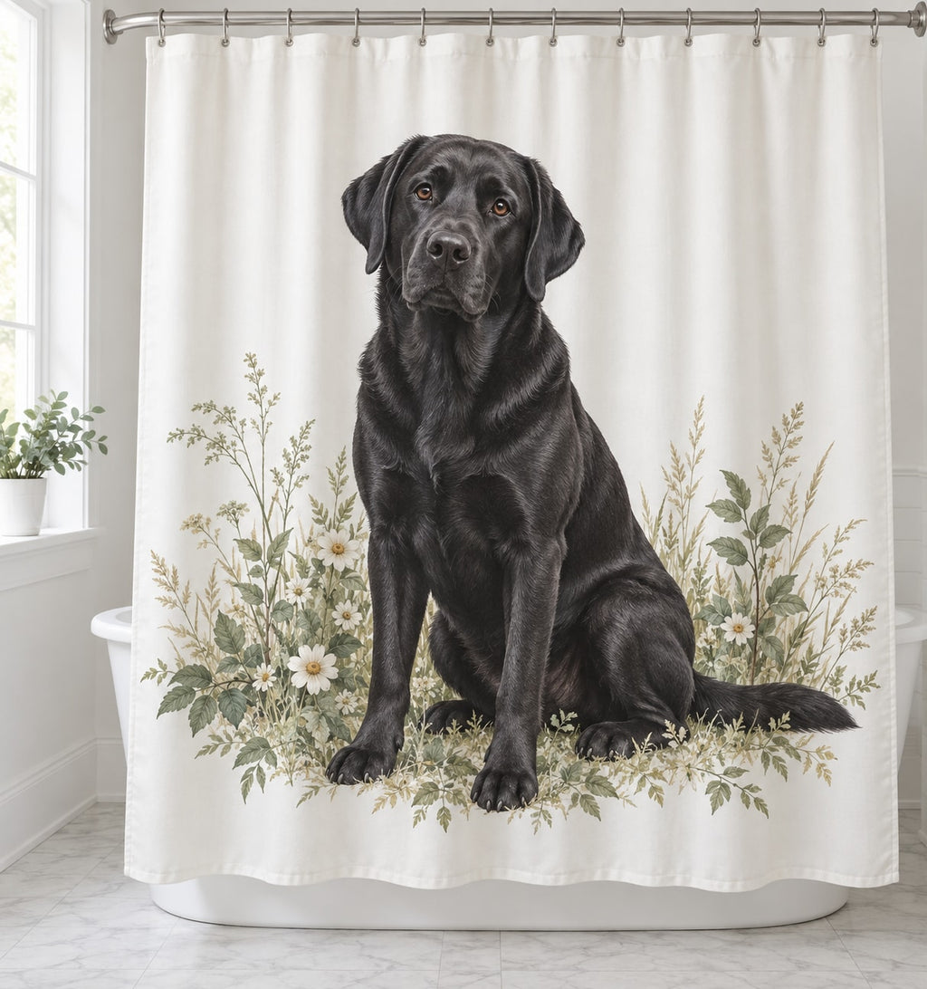 Labrador Retriever Shower Curtain with dimensional printed themed artwork; representative AI-generated mockup.