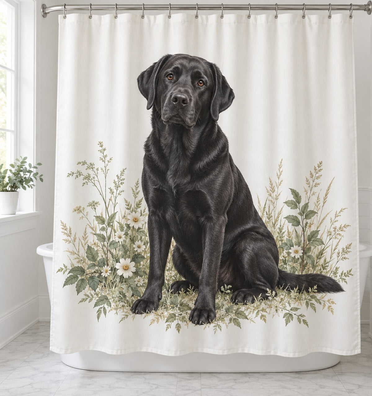 Labrador Retriever Shower Curtain with dimensional printed themed artwork; representative AI-generated mockup.