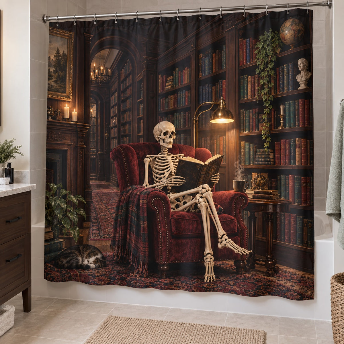 Skeleton Reading Nook Shower Curtain with dimensional printed themed artwork; representative AI-generated mockup.