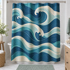 Ocean Wave Linework Shower Curtain with dimensional printed themed artwork; representative AI-generated mockup.