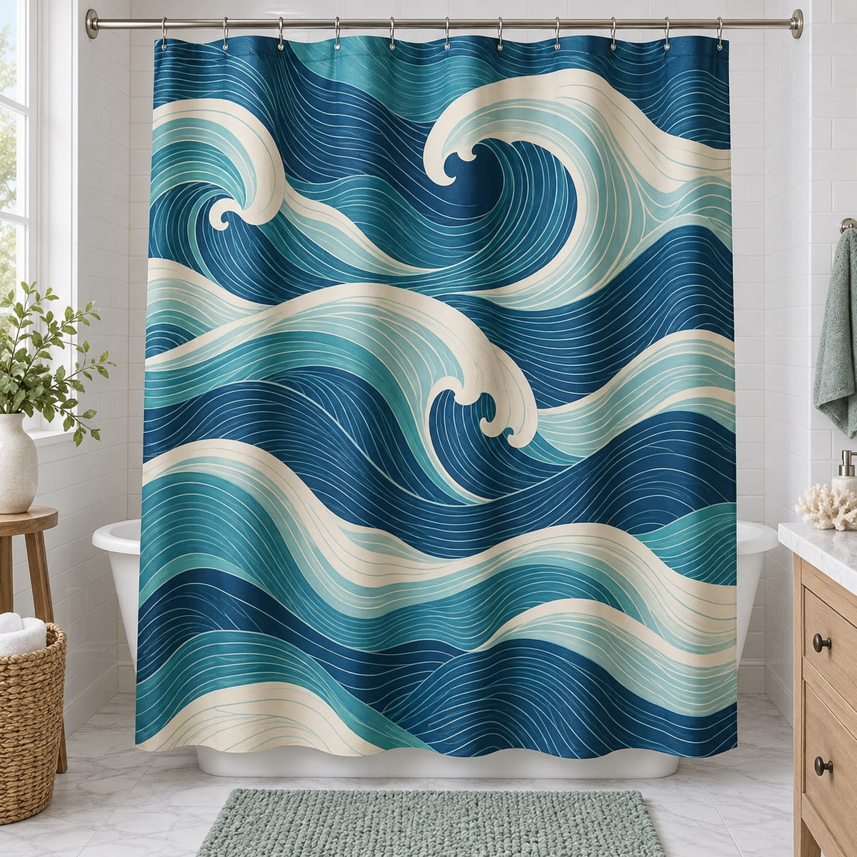 Ocean Wave Linework Shower Curtain with dimensional printed themed artwork; representative AI-generated mockup.