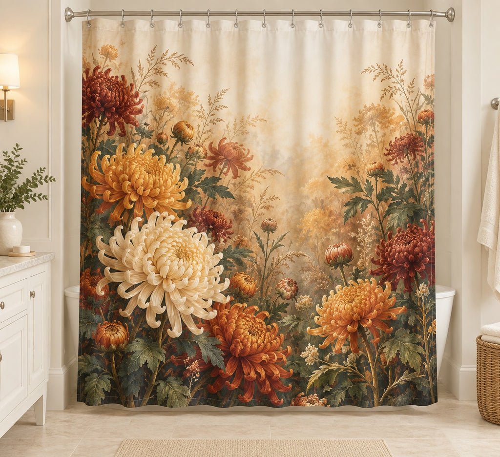 Chrysanthemum Autumn Garden Shower Curtain with dimensional printed themed artwork; representative AI-generated mockup.