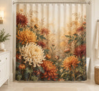 Chrysanthemum Autumn Garden Shower Curtain with dimensional printed themed artwork; representative AI-generated mockup.