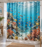 Reef Fish School Shower Curtain with dimensional printed themed artwork; representative AI-generated mockup.