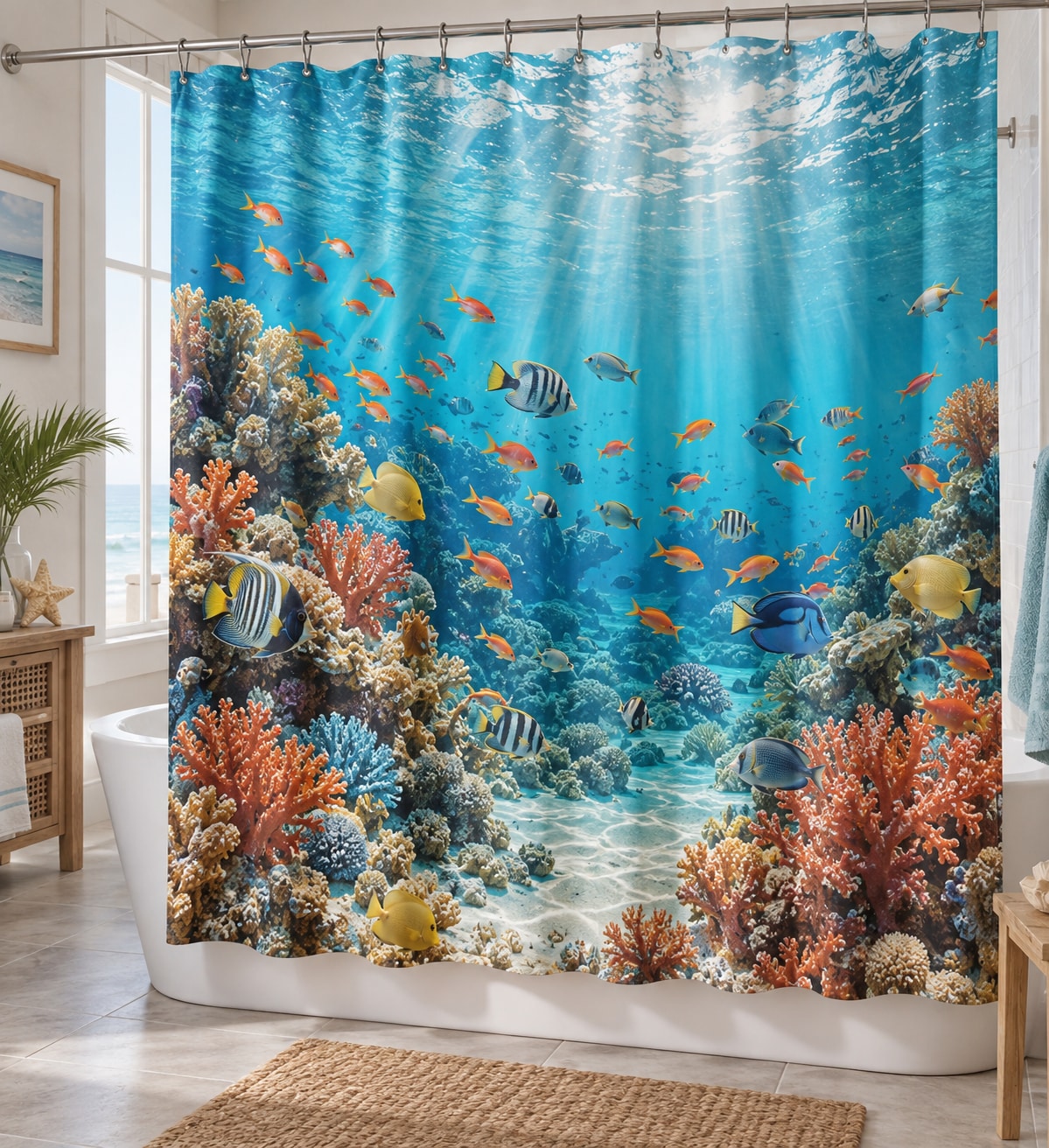 Reef Fish School Shower Curtain with dimensional printed themed artwork; representative AI-generated mockup.