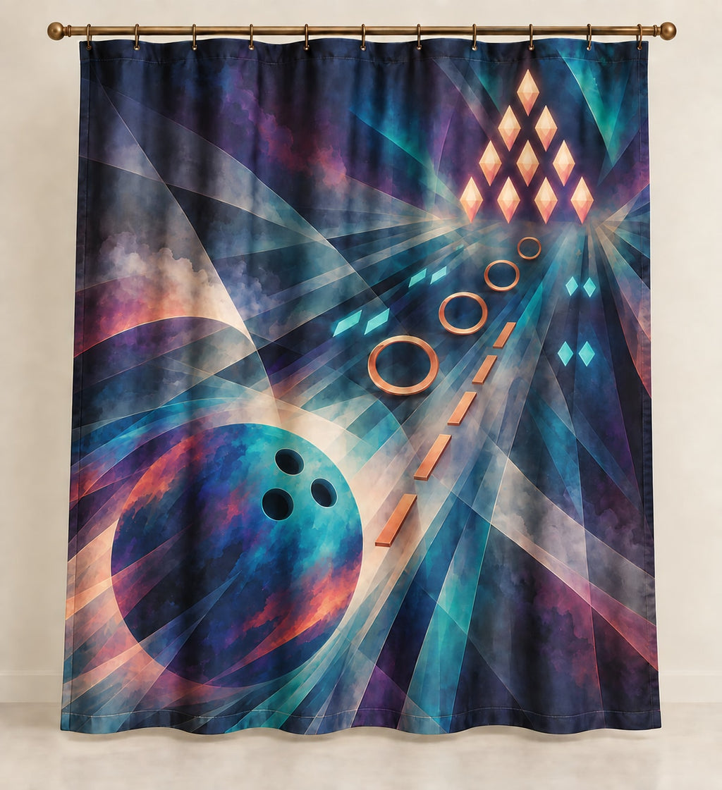 Tenpin Aurora Lattice Shower Curtain with dimensional printed themed artwork; representative AI-generated mockup.