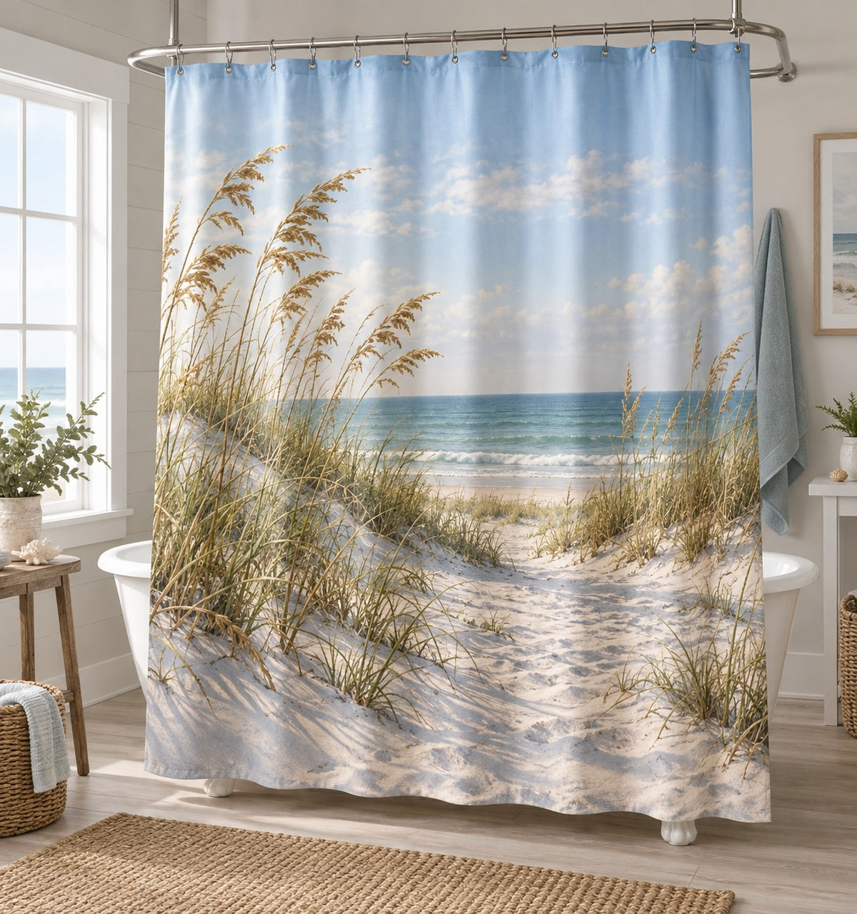Coastal Dune Grass Shower Curtain with dimensional printed themed artwork; representative AI-generated mockup.