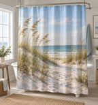 Coastal Dune Grass Shower Curtain with dimensional printed themed artwork; representative AI-generated mockup.