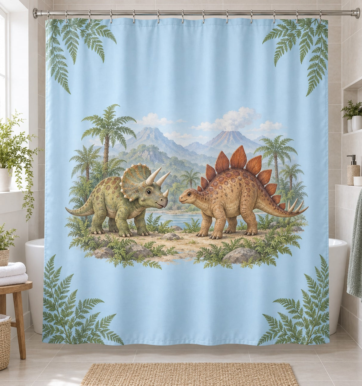 Dinosaur Discovery Shower Curtain with dimensional printed themed artwork; representative AI-generated mockup.