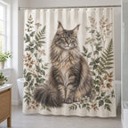 Maine Coon Cat Companion Shower Curtain with dimensional printed themed artwork; representative AI-generated mockup.