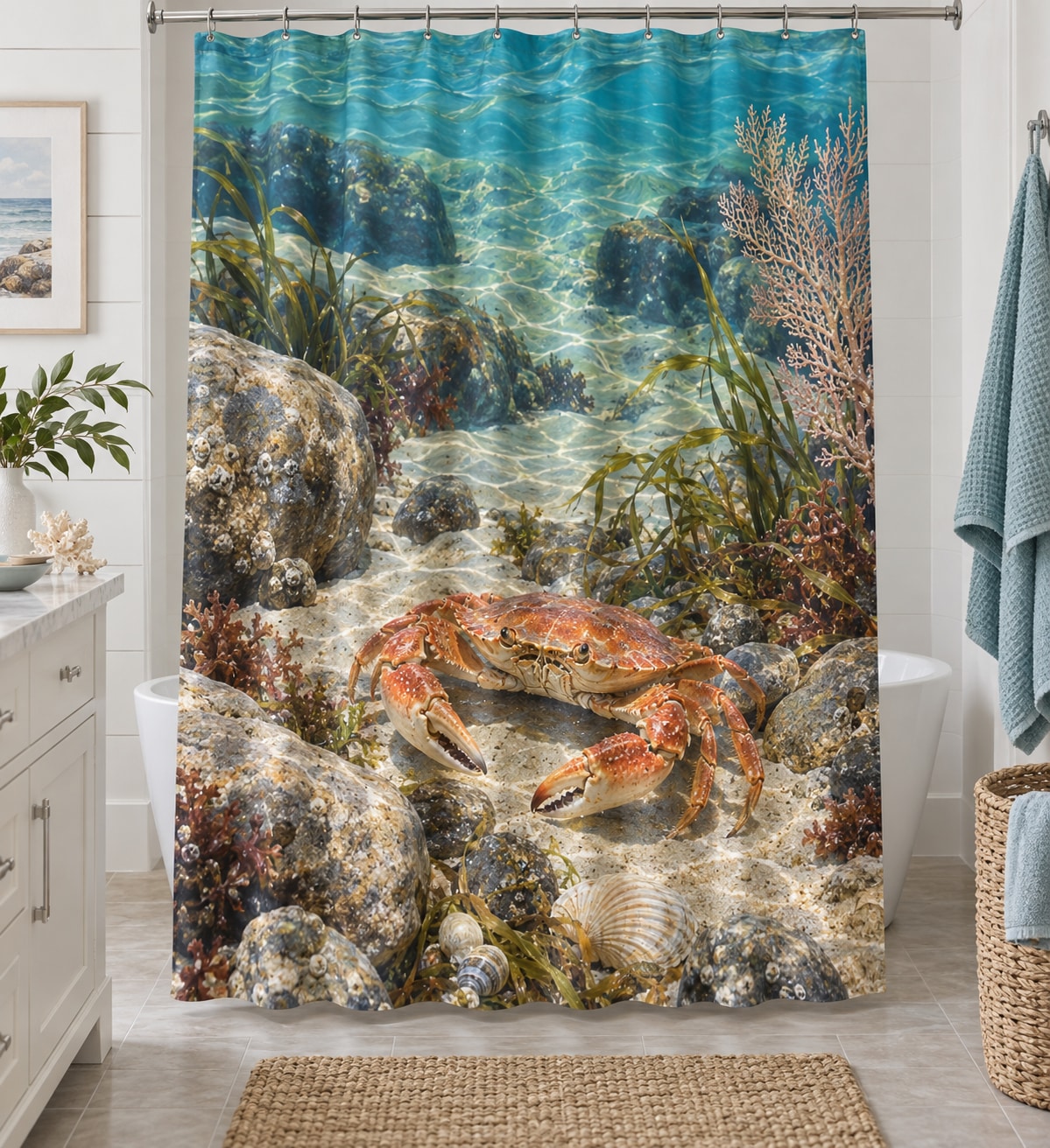 Crab Tidal Pool Shower Curtain with dimensional printed themed artwork; representative AI-generated mockup.