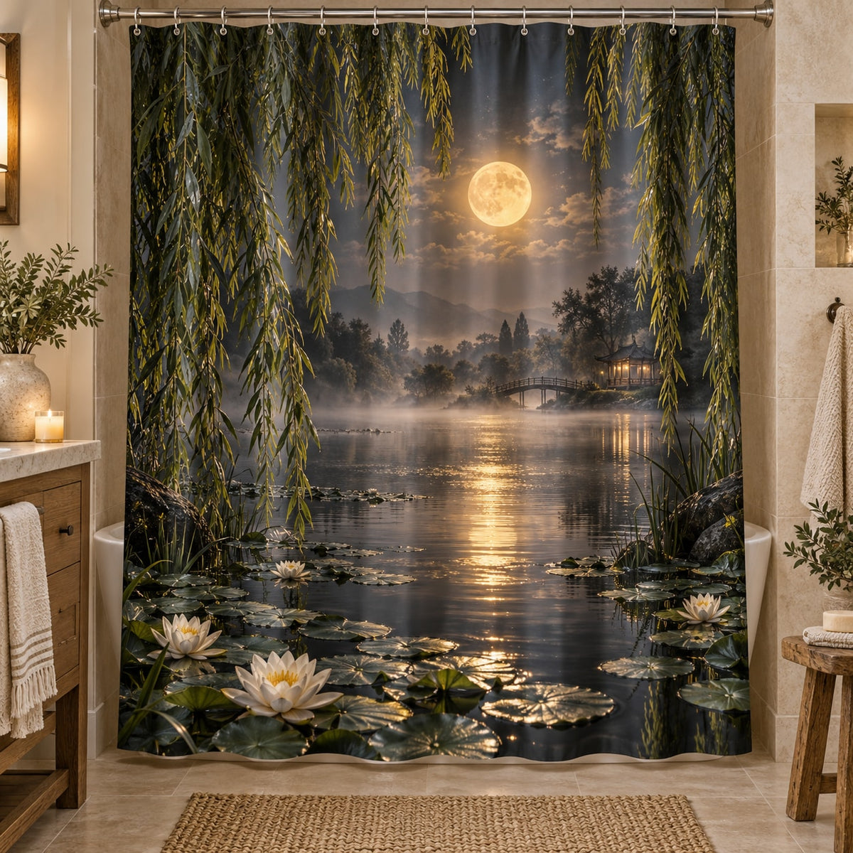 Moonlit Willow Pond Shower Curtain with dimensional printed themed artwork; representative AI-generated mockup.