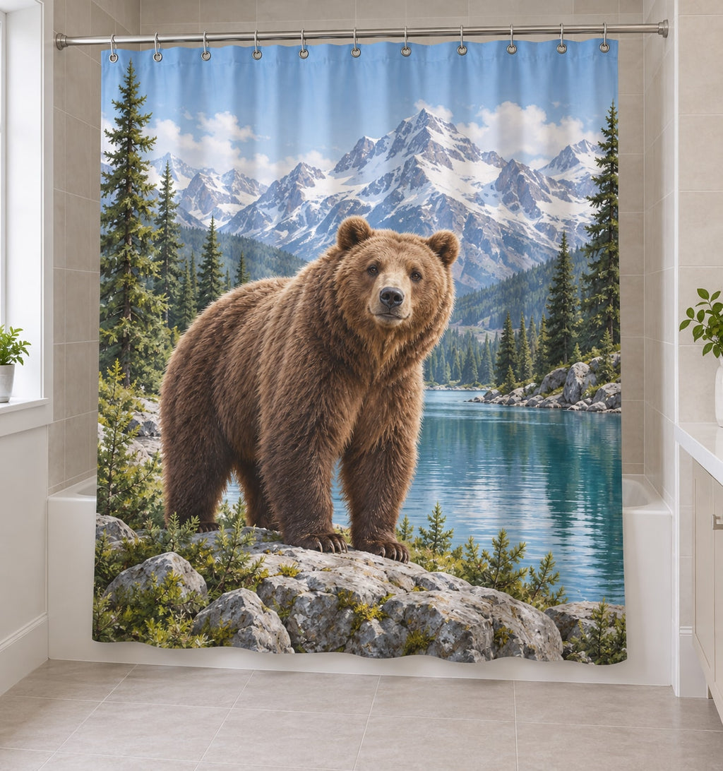 Mountain Bear Adventure Shower Curtain with dimensional printed themed artwork; representative AI-generated mockup.