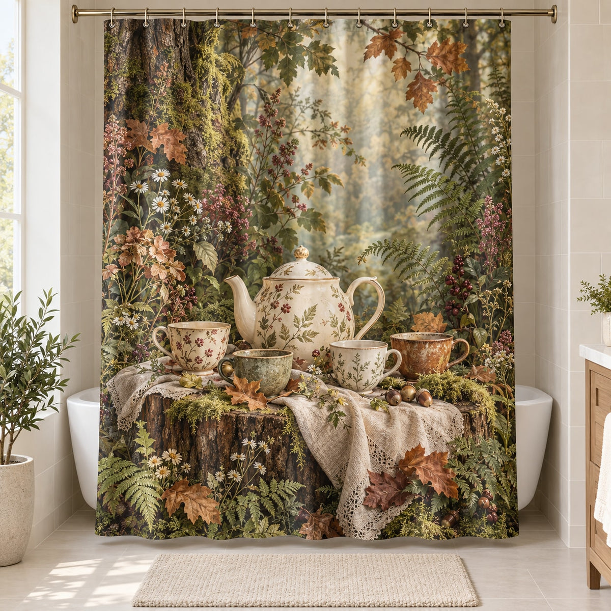 Woodland Tea Picnic Shower Curtain with dimensional printed themed artwork; representative AI-generated mockup.