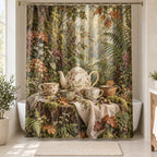 Woodland Tea Picnic Shower Curtain with dimensional printed themed artwork; representative AI-generated mockup.