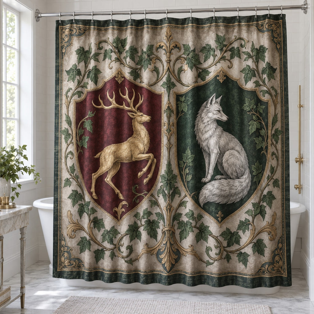 Medieval Heraldic Animals Shower Curtain with dimensional printed themed artwork; representative AI-generated mockup.