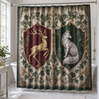 Medieval Heraldic Animals Shower Curtain with dimensional printed themed artwork; representative AI-generated mockup.