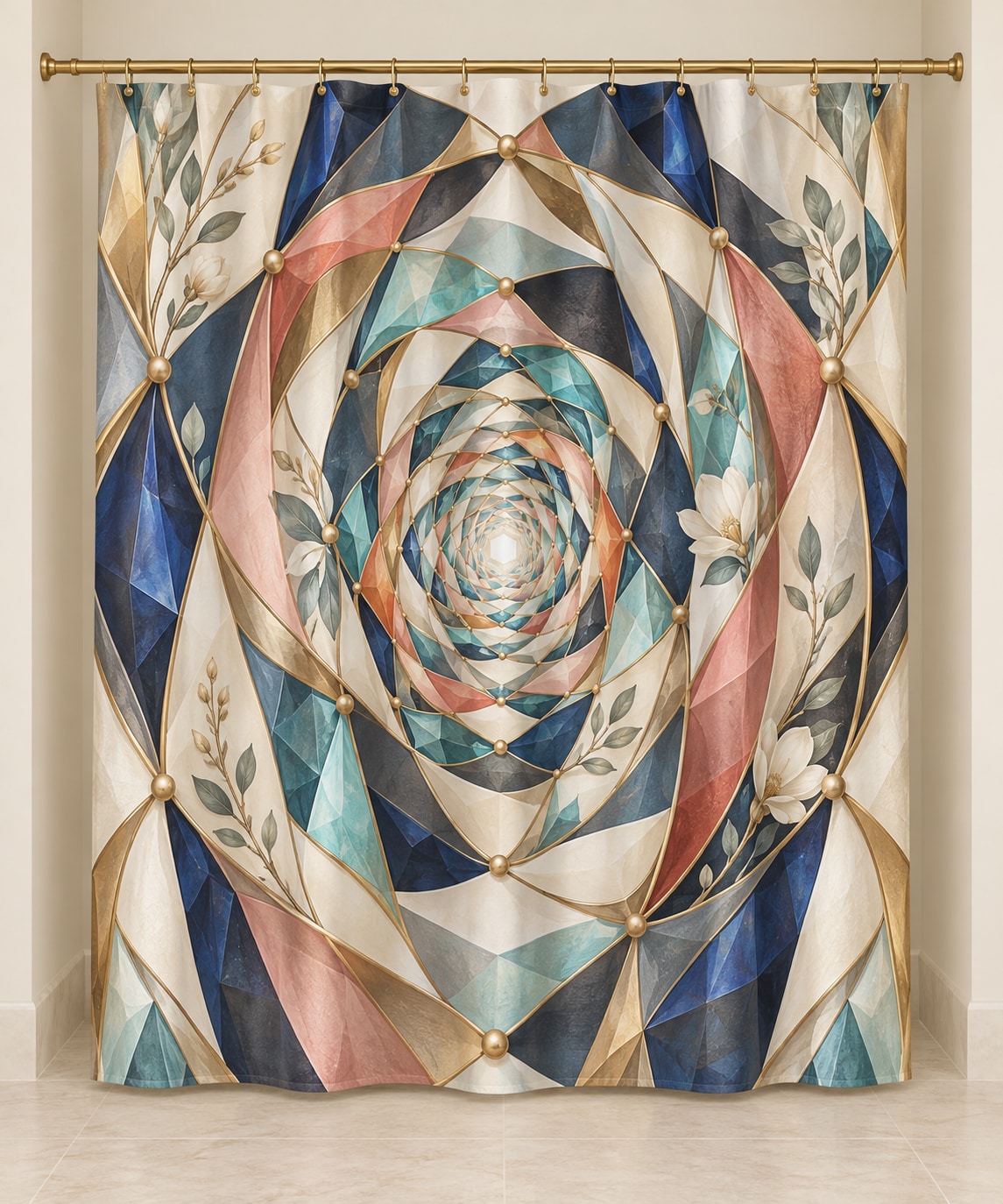 Compassion Bridge Atrium Shower Curtain with dimensional printed themed artwork; representative AI-generated mockup.