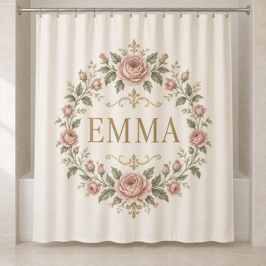 Single Name Birth Flower Shower Curtain with dimensional printed themed artwork; representative AI-generated mockup.