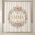 Single Name Birth Flower Shower Curtain with dimensional printed themed artwork; representative AI-generated mockup.