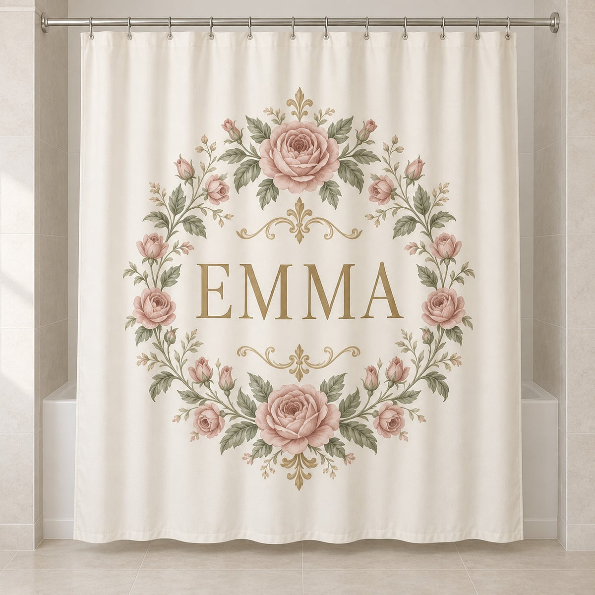 Single Name Birth Flower Shower Curtain with dimensional printed themed artwork; representative AI-generated mockup.