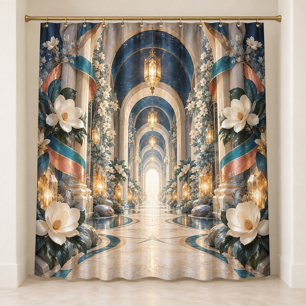 Nurse Care Lantern Atrium Shower Curtain with dimensional printed themed artwork; representative AI-generated mockup.