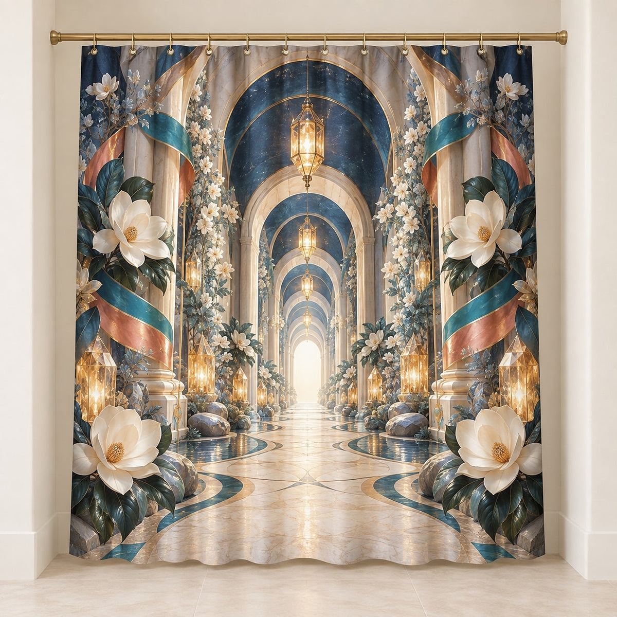 Nurse Care Lantern Atrium Shower Curtain with dimensional printed themed artwork; representative AI-generated mockup.