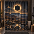 Solar Eclipse Shower Curtain with dimensional printed themed artwork; representative AI-generated mockup.