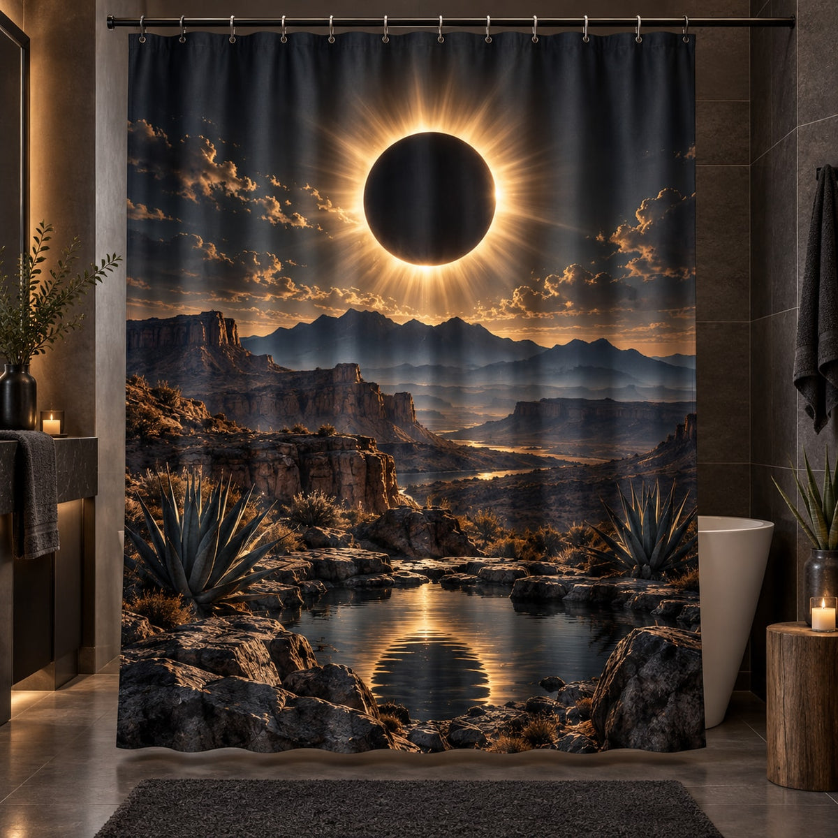 Solar Eclipse Shower Curtain with dimensional printed themed artwork; representative AI-generated mockup.