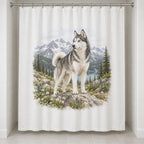 Husky Shower Curtain with dimensional printed themed artwork; representative AI-generated mockup.