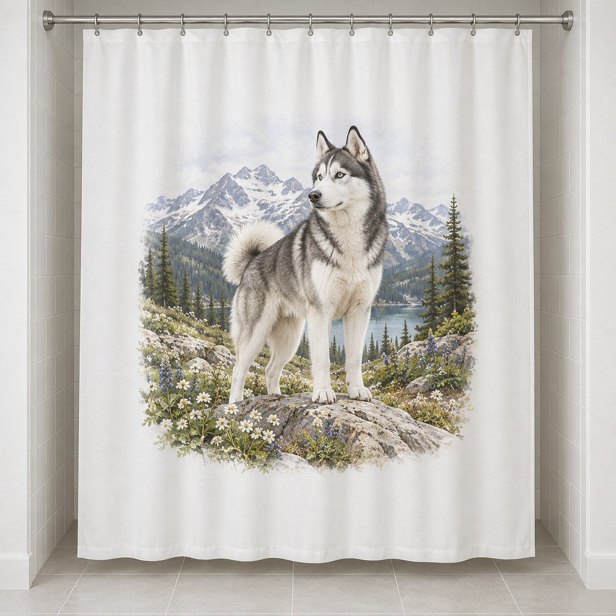 Husky Shower Curtain with dimensional printed themed artwork; representative AI-generated mockup.