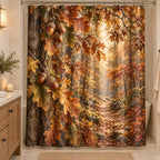 Acorns and Oak Leaves Shower Curtain with dimensional printed themed artwork; representative AI-generated mockup.