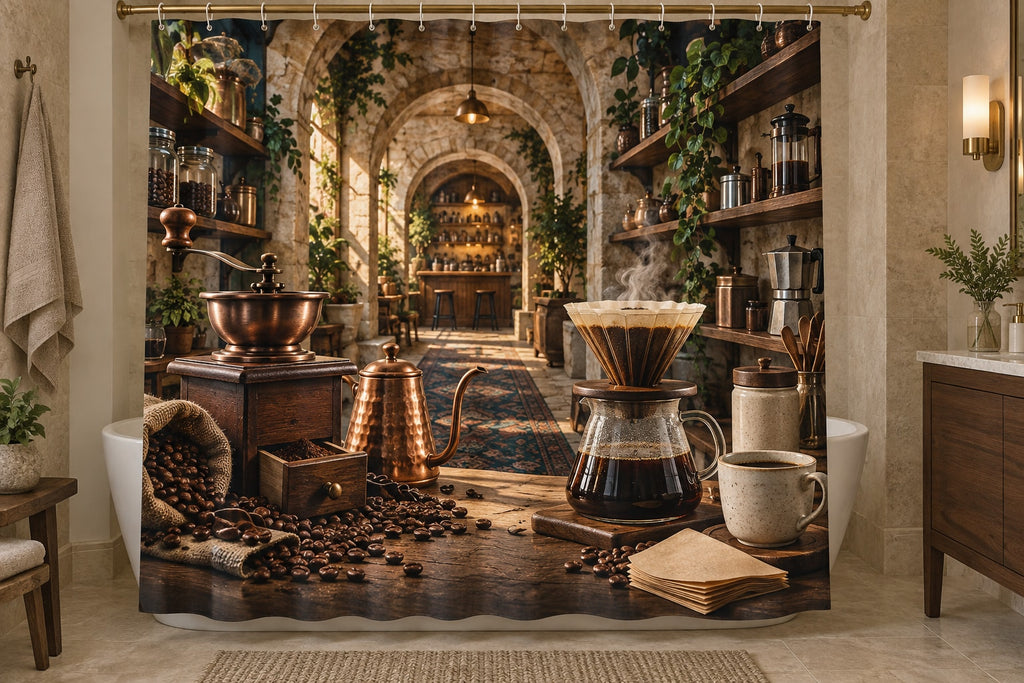 Coffee Brewing Tools Shower Curtain with dimensional printed themed artwork; representative AI-generated mockup.