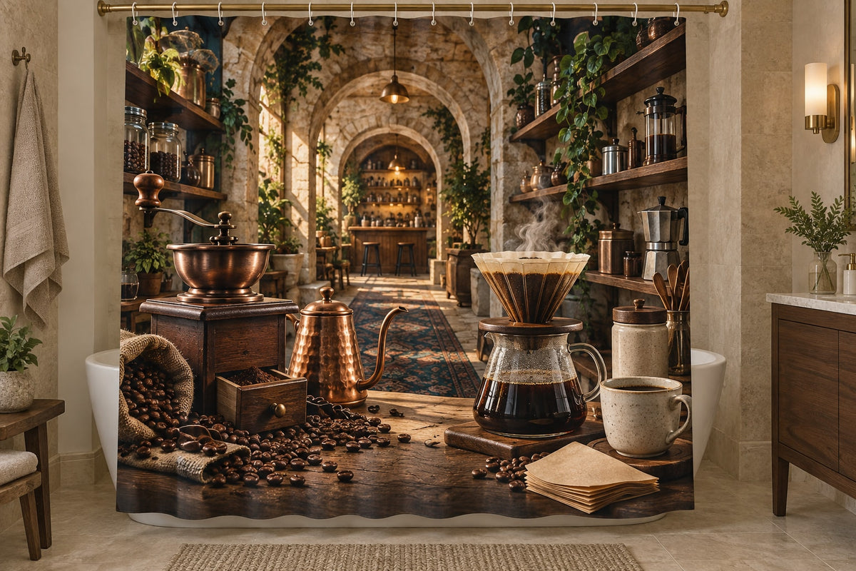 Coffee Brewing Tools Shower Curtain with dimensional printed themed artwork; representative AI-generated mockup.