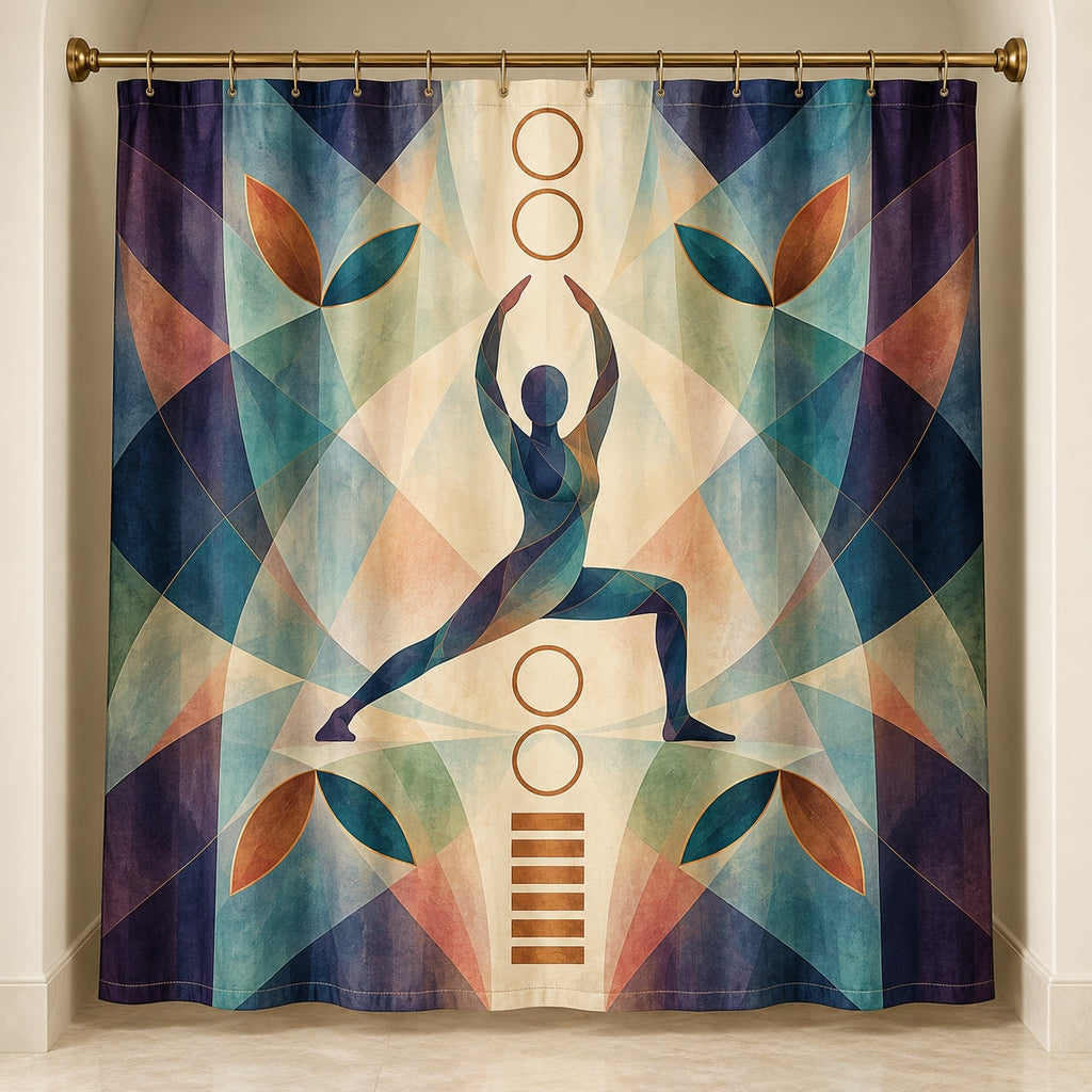 Stillpoint Prism Flow Shower Curtain with dimensional printed themed artwork; representative AI-generated mockup.