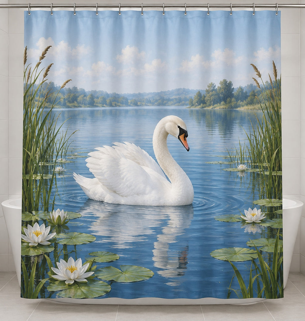 Swan and Reeds Shower Curtain with dimensional printed themed artwork; representative AI-generated mockup.