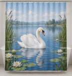 Swan and Reeds Shower Curtain with dimensional printed themed artwork; representative AI-generated mockup.