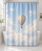 Hot Air Balloon Sky Shower Curtain with dimensional printed themed artwork; representative AI-generated mockup.