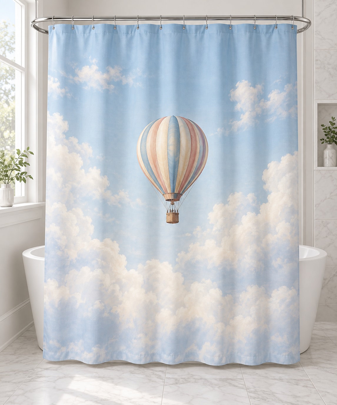 Hot Air Balloon Sky Shower Curtain with dimensional printed themed artwork; representative AI-generated mockup.
