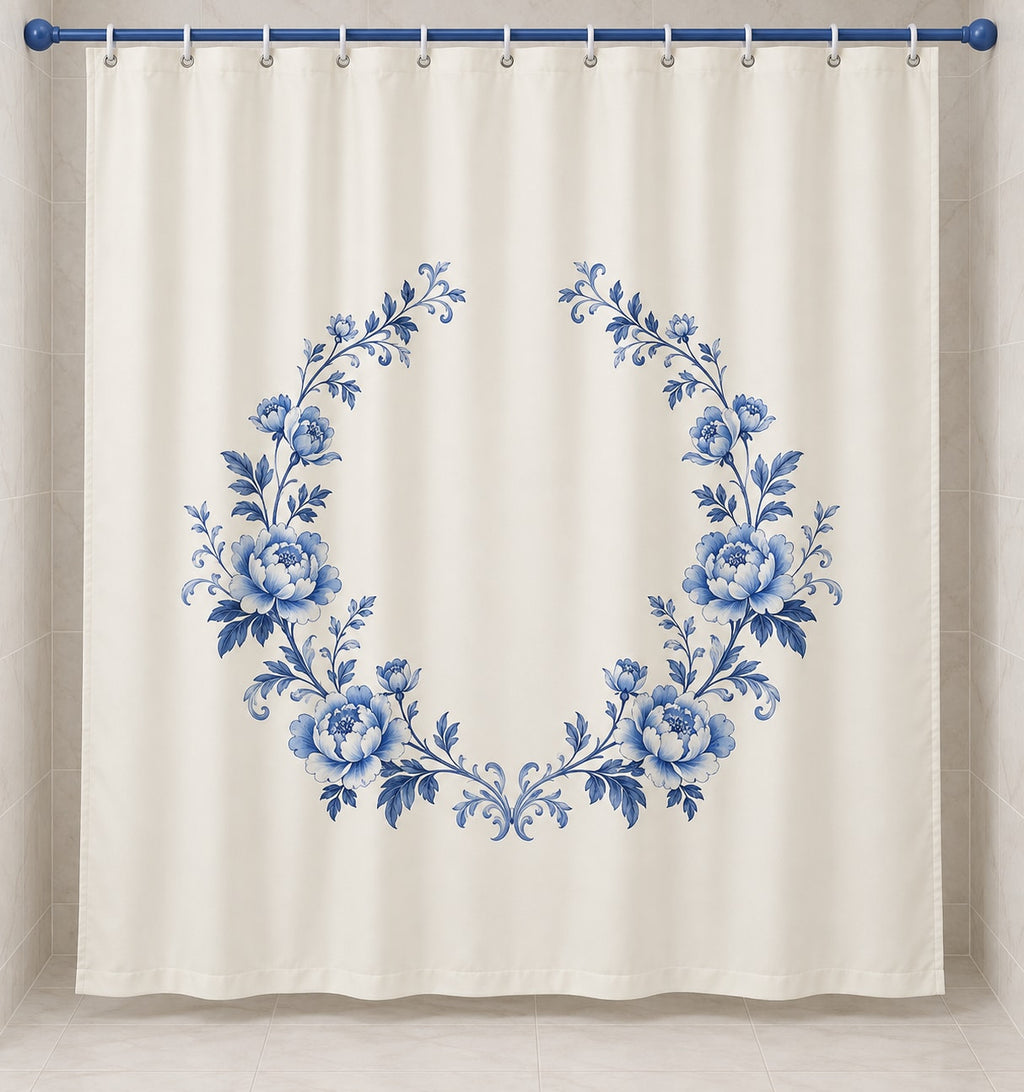 Blue Porcelain Wedding Wreath Shower Curtain with dimensional printed themed artwork; representative AI-generated mockup.