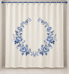 Blue Porcelain Wedding Wreath Shower Curtain with dimensional printed themed artwork; representative AI-generated mockup.