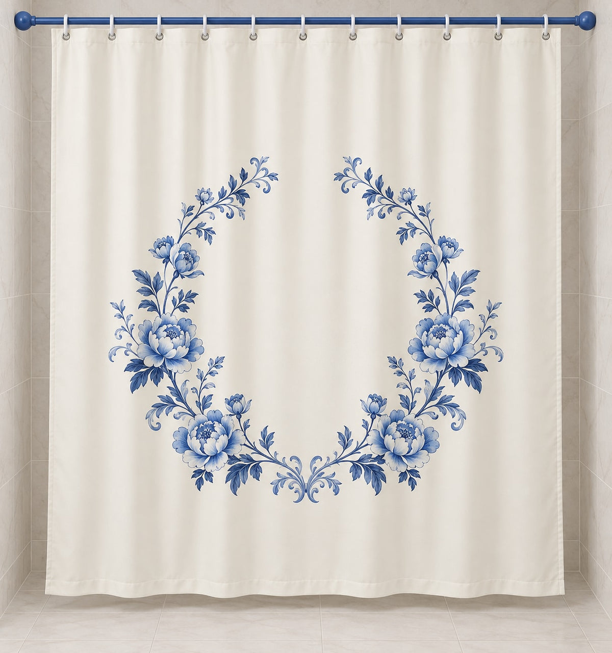 Blue Porcelain Wedding Wreath Shower Curtain with dimensional printed themed artwork; representative AI-generated mockup.