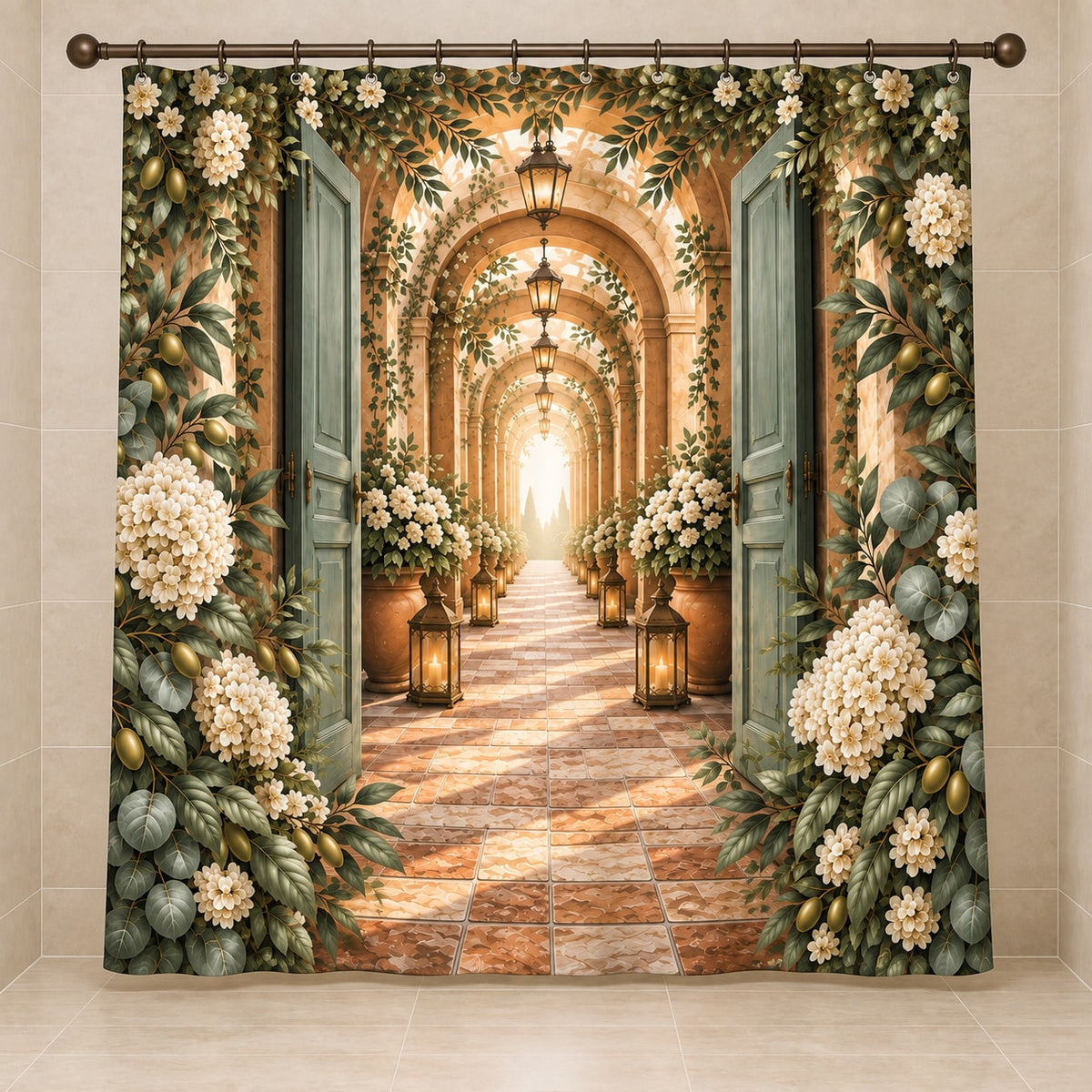 Housewarming Lantern Portal Shower Curtain with dimensional printed themed artwork; representative AI-generated mockup.