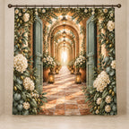 Housewarming Lantern Portal Shower Curtain with dimensional printed themed artwork; representative AI-generated mockup.