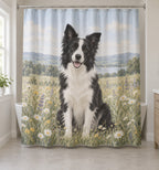 Border Collie Shower Curtain with dimensional printed themed artwork; representative AI-generated mockup.