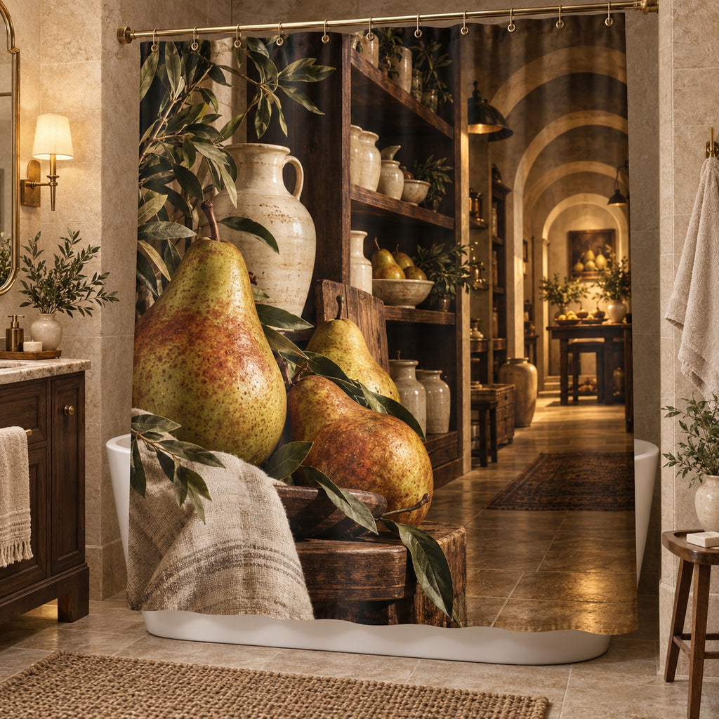 Pear Still Life Shower Curtain with dimensional printed themed artwork; representative AI-generated mockup.