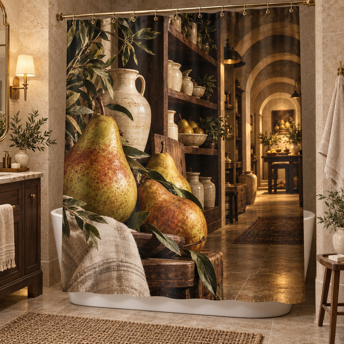Pear Still Life Shower Curtain with dimensional printed themed artwork; representative AI-generated mockup.