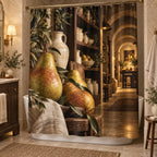 Pear Still Life Shower Curtain with dimensional printed themed artwork; representative AI-generated mockup.